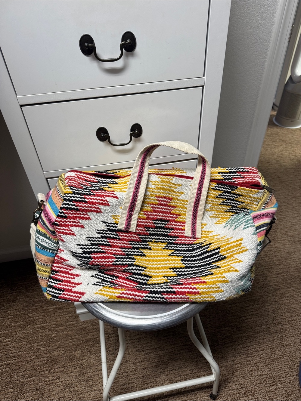 Striped Woven Travel Tote Bag in Yellow, Pink & Black